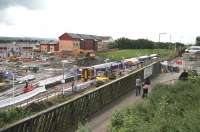 Progress at Livingston North on 14 August 2008. View southwest over the station from Deans Road North as a train leaves for Bathgate.<br><br>[John Furnevel 14/08/2008]