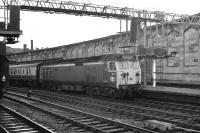 Class 50 no 405 at Carlisle platform 4 with a southbound train on 30 May 1972. <br><br>[John McIntyre 30/05/1972]