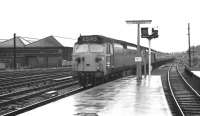A pair of class 50 locomotives, with 433 leading, arrives at Carlisle platform 3 with a northbound service on a wet 30 May 1972. <br>
<br><br>[John McIntyre 30/05/1972]