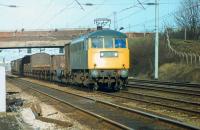 The now sole surviving Class 81, preserved 81002 (E3003), has just taken over this mixed freight at Farington Junction and is on the Up Slow approaching Leyland in January 1981. The train will have been diesel hauled via the S & C to the junction with the WCML where this early AC electric took charge.    <br><br>[Mark Bartlett 19/01/1981]