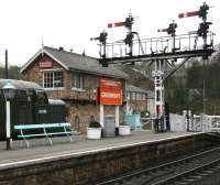 The signal box and crossing at the south end of Grosmont station in April 2008. <br><br>[John Furnevel 03/04/2008]
