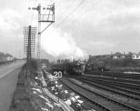 Two Black 5s emerge westbound from under the Arkleston Road Bridge, where they had been held at signals. The train nearest the camera is heading for Gourock while the other is on the Ayr line. At this time (Autumn 1966) there were 12 tracks at this point - up/down Renfrew, up/down Gourock, up/down Ayr, 2 down goods loops and 4 engineers sidings.<br><br>[Colin Miller //1966]
