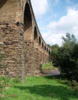 The east elevation of the 10 arch Martholme viaduct, striding across the River Calder near Great Harwood on the closed <I>Padiham Loop</I>. <br><br>[Mark Bartlett 06/09/2008]