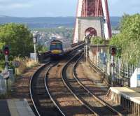 Bi-directional signalling at the south end of the Forth Bridge seen from Dalmeny footbridge as an Fife Circle departs over the bridge.<br><br>[Brian Forbes 11/09/2008]