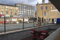 The new view from platform zero. Looking towards the cleared site of the Caledonian Ale House to the left of the station building at Haymarket on 11 September 2008. Demolition was required to make way for the new Edinburgh tramway.<br><br>[Bill Roberton 11/09/2008]