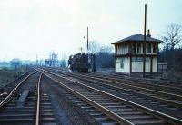 View south from Beattock station during a quiet period in the 1960s. One of the bankers is using the opportunity to take on water in the siding alongside Beattock South box.<br><br>[Robin Barbour collection (Courtesy Bruce McCartney) //]