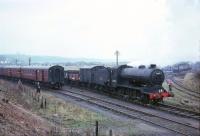 J38 65914 stands at Kinneil alongside the <I>Scottish Rambler No 5</I> Railtour on 11 April 1966 having brought the train in from Stirling where it took over from Austerity 90386 [see image 20904]. View is west towards Grangemouth. The fenced-off area on the right was a coal stocking yard, shunted by an NCB Pug.<br><br>[Robin Barbour Collection (Courtesy Bruce McCartney) 11/04/1966]