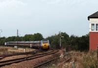 A blue HST set with silver power cars leaves Leuchars for Dundee on 28 September.<br><br>[Brian Forbes 28/09/2008]
