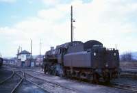 Standard class 4 2-6-0 no 76113 stands outside Beattock shed (behind camera) in the Summer of 1966 with Beattock North box in the background. 76113 was a Carstairs locomotive at this stage in its life.<br><br>[A Snapper (Courtesy Bruce McCartney) //1966]