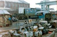 The remains of Deltic 55007 <I>Pinza</I> being put to the torch at Doncaster in July 1982.<br><br>[Colin Alexander 23/07/1982]