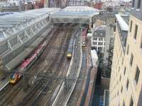 An elevated view of the east side platforms at Glasgow Central from the adjacent Jurys Hotel in July 2008. Two Virgin Pendolinos and a GNER/NEEC train visible.<br><br>[Malcolm Chattwood 05/07/2008]