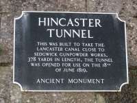 Plaque at the western entrance to the Hincaster canal tunnel, disused since around 1947 although there are formative plans to reopen the section of canal north of Carnforth.<br><br>[Mark Bartlett 01/11/2008]