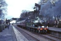 GNSR No 49 stands at Harburn with the Scottish Rambler railtour on 19 April 1965. This seldom photographed rural station, on the Caledonian Edinburgh - Carstairs route, closed the following year. It had originally opened as West Calder & Torphin in 1848, with the name change to Harburn taking place in 1869. <br><br>[G W Robin 19/04/1965]