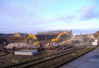 View from the platforms at Arbroath on 4 November as demolition work gets underway on the buildings in the former goods yard to the west of the station.<br><br>[Sandy Steele 04/11/2008]
