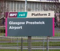 Opened in September 1994 as <I>Prestwick International Airport</I> the station nameboards nowadays show <I>Glasgow Prestwick Airport</I>, although no reference to an official change of name can be traced (so far) through the usual sources. This is coincidentally the only Scottish station operated by a local authority (South Ayrshire). Photographed on 12 November 2008. [Editors note: According to AA Route Planner, the distance between the Airport and Glasgow City Centre is 32 miles] <br><br>[David Panton 12/11/2008]