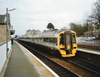 A ScotRail 4-car 158 formation calls at Linlithgow in April 1995 on its journey from Edinburgh Waverley to Glasgow Queen Street.  <br><br>[David Panton /04/1995]
