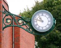 Close-up of the former works clock now attached to the wall of Morrisons superstore in North Road, Darlington, where the great locomotive works founded by the Stockton and Darlington Railway in 1863 once stood. Darlington works was closed by BR in 1966.<br>
<br><br>[John Furnevel /10/2008]