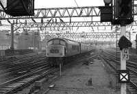 A Class 45 arriving at Glasgow Central in March 1974 with train 1S49, the 1025 service from Leeds. The train has travelled via the Settle & Carlisle and Glasgow & South Western routes.<br><br>[John McIntyre 22/03/1974]