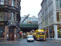 Looking west along Midland Street from Jamaica Street on 14 November as 92009 <I>Elgar</I> stands at Platform 1 of Central Station with the empty stock of the Caledonian Sleeper for Polmadie.<br><br>[Graham Morgan 14/11/2008]