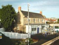 View north showing the main station building at Kinghorn on 20 December 2008. Like all other E&N stations on the 1847 Burntisland to Cupar line (apart from the original Burntisland itself when it was a ferry terminal) Kinghorn had a flat canopy supported by closely-spaced plain columns. This colonnade has since been boxed in with wood and the ticket window moved to what was the outside wall. An ornate lamp-bracket attached to one column was cut round and survives, most of it indoors. Other surviving buildings from 1846/7 are Markinch, Ladybank, Springfield and Cupar. Springfield, though long a private house, is closest to how Kinghorn would originally have looked. <br>
<br><br>[David Panton 20/12/2008]