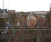 View east from Craig Street bridge, Airdrie on Boxing Day 2008, looking along the line towards Drumgelloch (and eventually to Bathgate and Edinburgh) with the bay platform and stabling siding to the right both occupied. Airdrie will become a three platform station once again when the old eastbound platform, on which the former signal box still stands, is eventually rebuilt. New lifts, stairs and a footbridge will also be installed. Further increases in car parking at Airdrie are currently under discussion between Transport Scotland and First ScotRail. [See image 27740]<br>
<br><br>[John Furnevel 26/12/2008]