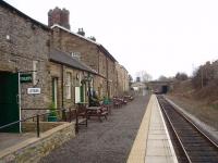 The nicely restored station at Leyburn on the Wensleydale Railway viewed along the platform towards Redmire and Hawes.<br><br>[Mark Bartlett 29/12/2008]