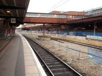 Platform 9 at York is undergoing significant upgrading at the moment and the new brickwork can be seen in this view towards the north from Platform 10.<br><br>[Mark Bartlett 12/10/2008]