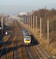 Looking north towards Preston on 6 January at the point where the 4 tracks widen to 6 as a TransPennine 185 heads towards Preston station in the distance.<br><br>[John McIntyre 06/01/2009]