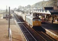 An Inverness - Kyle of Lochalsh train runs into Dingwall station in 1970. <br><br>[Colin Miller //1970]