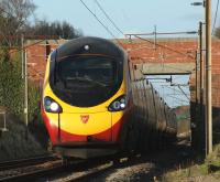 A southound Pendolino at speed at Woodacre, Lancs, on the West Coast Main Line on 24 January.<br><br>[John McIntyre 24/01/2009]