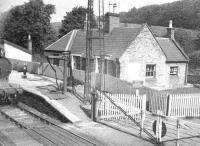 The station house at Cleghorn, seen in 1944, during the residence of Tom Steele as Station Master, approximately one year before he was elected Member of Parliament for the constituency of Lanark. The photograph was taken from the signal box that stood at the south west corner of the level crossing at that time and shows the house without its later modifications [see image 22162]. <br>
<br><br>[Ian Steele Collection //1944]