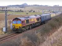 Pathfinder <I>Forth McFreighter</I> railtour approaching Drem Junction off the North Berwick branch on 8 February 2009. EWS 66039 leading the Way, with 66201 bringing up the rear.<br><br>[Bill Roberton 08/02/2009]