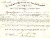 Share certificate issued by the Directors of the Bury and Tottington  District Railway Company to Joseph Melland Smith on the twenty-eighth day of October in the year of our Lord one thousand eight hundred and seventy nine. The line opened 3 years later in November 1882.<br>
<br><br>[Ian Dinmore //1879]