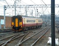 An SPT liveried DMU leaves Carlisle on 19 February with a Stranraer - Newcastle service.<br><br>[Colin Alexander 19/02/2009]