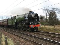 A1 Pacific <I>Tornado</I> seen justwest of Longniddry on 28 February hauling the <I>Auld Reekie</I>.<br>
<br><br>[Mark Poustie 28/02/2009]