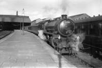 B1 no 61278 of Tay Bridge shed prepares to leave Dundee West station with the 4.35pm train for Perth in April 1958. The station was originally opened by the Dundee & Perth Railway as Dundee Union Street in 1847, becoming Dundee West in 1866. Closure came in 1965. <br>
<br><br>[Robin Barbour Collection (Courtesy Bruce McCartney) 10/04/1958]