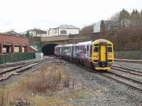 Blackburn tunnel lies immediately east of the station, as can be seen in this 2009 view, taken from the end of the island platform, of 158756 just departing on a Blackpool North to York service. [See image 26964]  <br><br>[Mark Bartlett 03/03/2009]