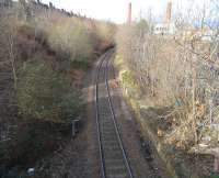 Site of the former Leith Walk station looking north west on 28 February 2009, over platforms substantially extant 79 years after closure, although some trouble has been taken to centre the remaining line, which now runs as far as the Edinburgh Council refuse depot at Powderhall.<br><br>[David Panton 28/02/2009]