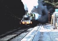 J72 0-6-0T <I>Joem</I> and Austerity 0-6-0ST <I>Antwerp</I> burst out of the south portal of Grosmont tunnel on the NYMR in May 1983.<br>
<br><br>[Colin Alexander /05/1983]