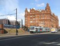 A Metrolink tram runs past the Midland Hotel, the former Midland Railway property in Manchester, on 5 March 2009. The hotel stands opposite the entrance to Manchester Central station.<br><br>[John McIntyre 05/03/2009]