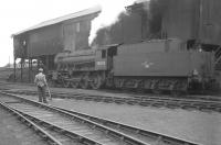 Ex-WD Austerity 2-8-0 no 90020 stands at the coaling stage at Ferryhill shed in July 1963.<br><br>[Colin Miller /07/1963]