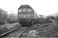 Shunting at Galashiels in March 1969 when the line was freight-only. The white plaque on the locomotive says EURS (Edinburgh University Railway Society). The Society was making use of this particular working to run an attached brake van trip.<br>
<br><br>[Bruce McCartney /03/1969]