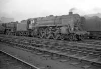 72005 <I>Clan MacGregor</I> stands outside Kingmoor shed in the 1960s. Withdrawn from 12A in May 1965, the locomotive was cut up at Arnott Young, Troon, two months later. <br><br>[Robin Barbour Collection (Courtesy Bruce McCartney) //]