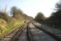 End of the line at Riverside Terminus on the Avon Valley Railway, looking towards Bath in March 2009. The path adjacent to the line is part of a cycle track from Bristol to Bath utilising old railway lines, predominantly the ex-Midland routes via Mangotsfield and Warmley.<br>
<br><br>[Peter Todd 22/03/2009]