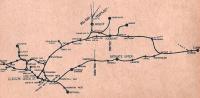 Detail from route diagram, BR ScR WTT Section F, 20 September 1954 to 12 June 1955. [Note <I>Dullater</I> for <I>Dullatur</I>.]<br><br>[David Panton 20/09/1954]