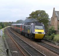The up <i>Highland Chieftain</i> nears Linlithgow Station on 11 Oct 2004<br><br>[James Young 11/10/2004]
