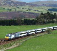 HST set in full National Express East Coast livery heads north, bound for Inverness, on 9 April 2009. Photographed just south of Gleneagles.<br><br>[Brian Forbes 09/04/2009]