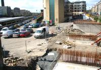 View west over the site of the demolished Caledonian Alehouse on 7 April 2009. The image shows works in connection with the forthcoming Edinburgh Tram system, within which Haymarket will become a major Rail/Tram/Bus interchange.<br><br>[John Furnevel 07/04/2009]