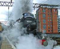 What a sight! Black 5 45231 <I>The Sherwood Forester</I> departing Glasgow Central at the head of the <I>Great Britain II</I> railtour on 10 April amidst much noise and steam.<br><br>[Graham Morgan 10/04/2009]