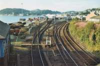 The approach to Oban station in the early 1980s with the signal box bottom left, goods facilities centre left and the passenger platforms curving away to the right.  <br><br>[Walter Brunner //]